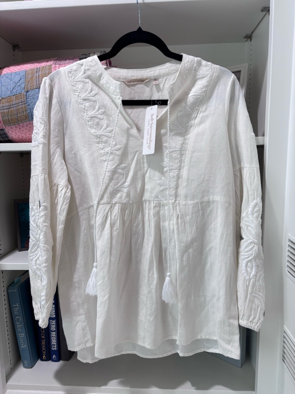 Soft Surroundings White Embroidered Cotton Tunic with Tassels NWT